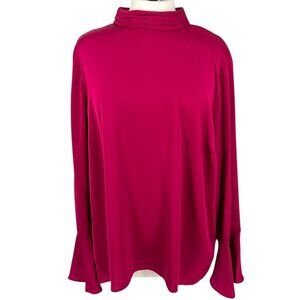 Halogen High Neck Flared Cuff Satin Blouse Fuschia Pink Size Large NWOT